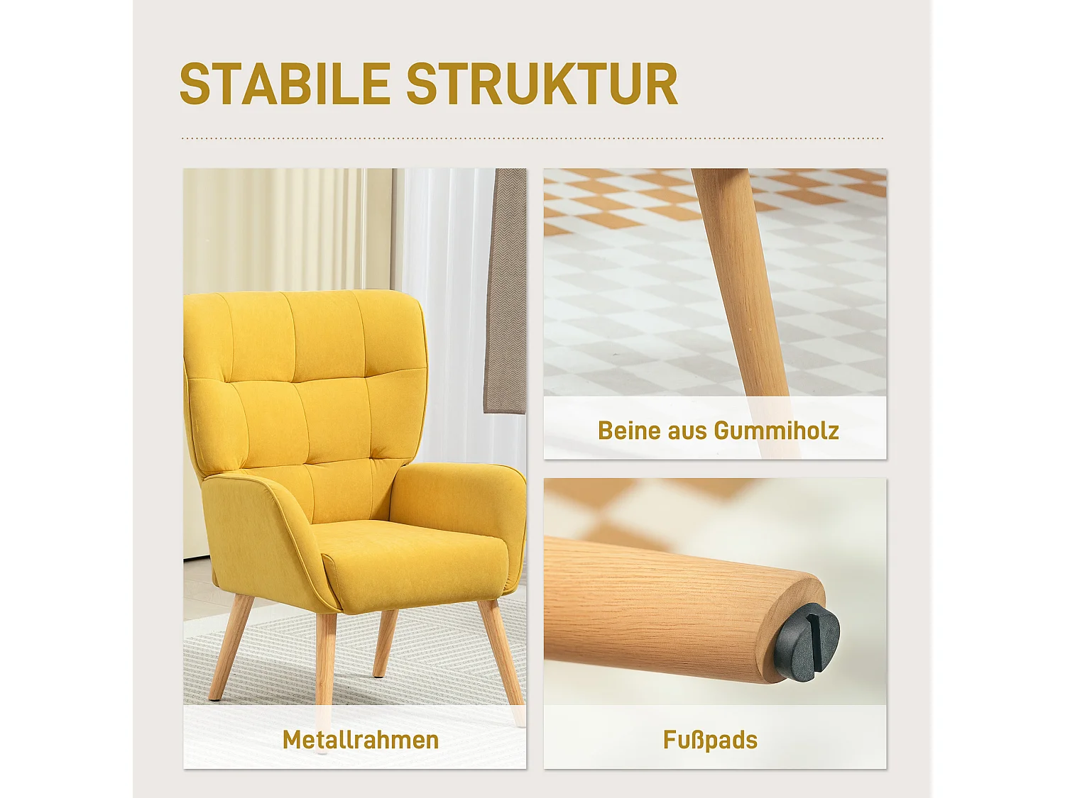 Sillón de salón con patas de madera, tejido de terciopelo, sillón de lectura, amarillo (75x66x100 cm)