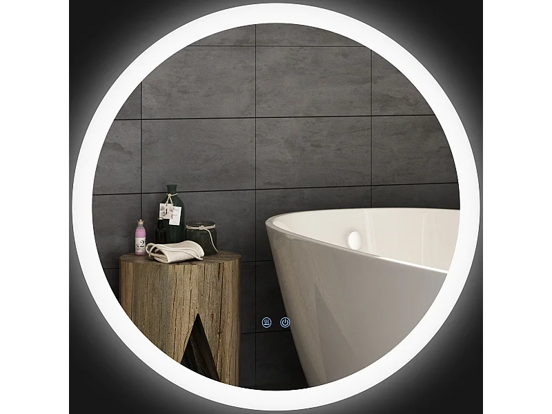 Espejo de baño iluminado con función antivaho, 3 colores de iluminación, IP44, cristal y metal, blanco (Ø70x3 cm)