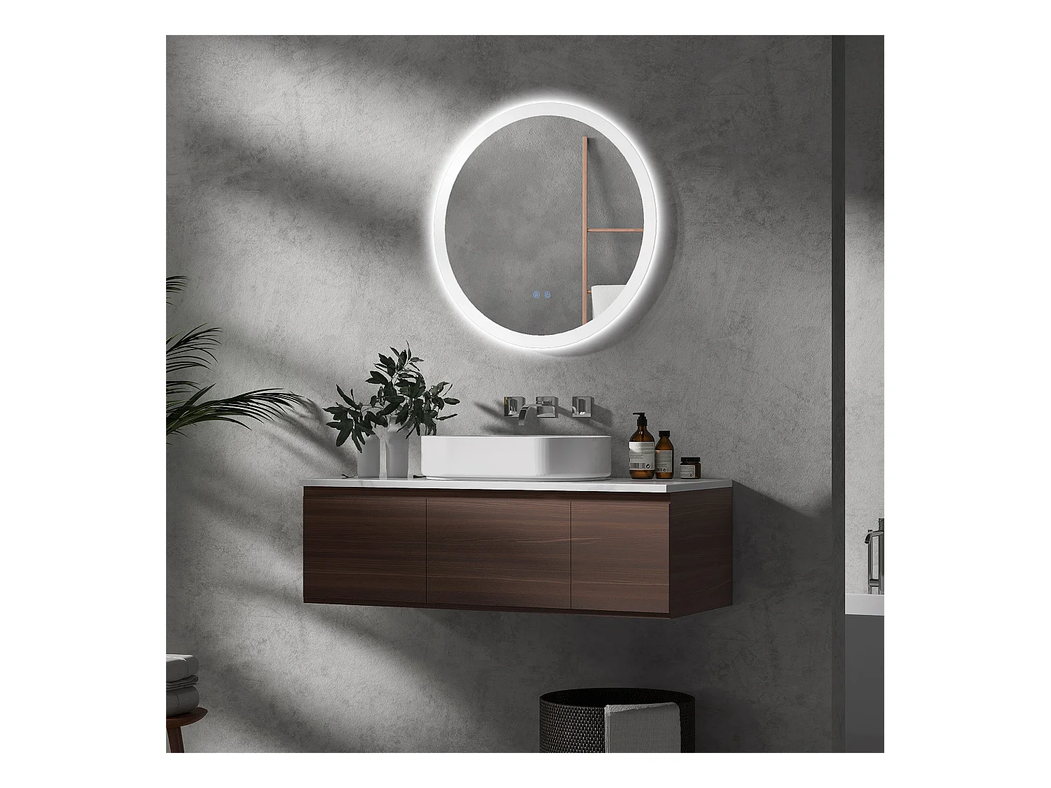 Miroir de salle de bain lumineux avec fonction anti-buée, 3 couleurs d'éclairage, IP44, verre et métal, blanc (Ø70x3 cm)