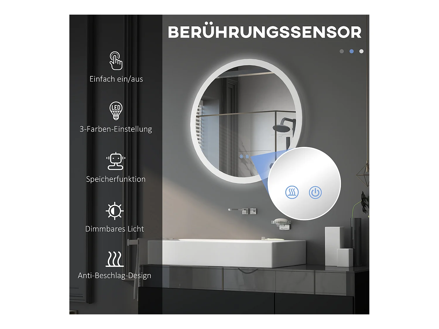 Miroir de salle de bain lumineux avec fonction anti-buée, 3 couleurs d'éclairage, IP44, verre et métal, blanc (Ø70x3 cm)