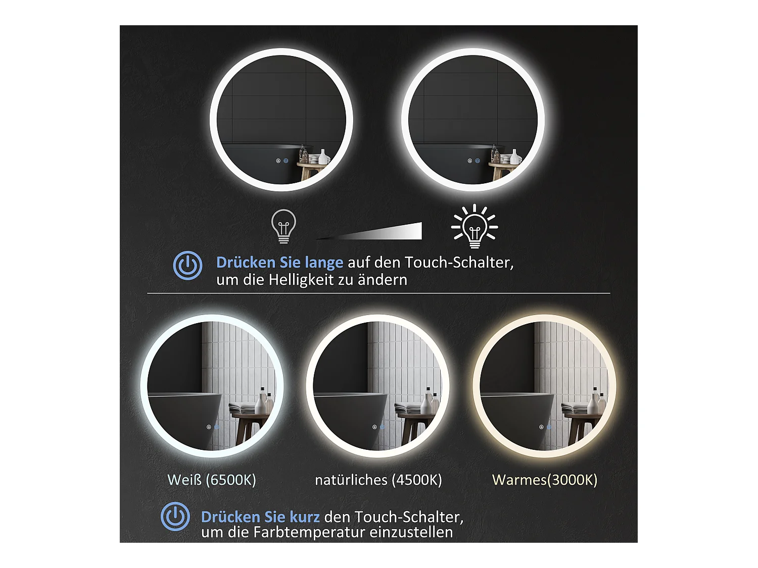 Miroir de salle de bain lumineux avec fonction anti-buée, 3 couleurs d'éclairage, IP44, verre et métal, blanc (Ø70x3 cm)