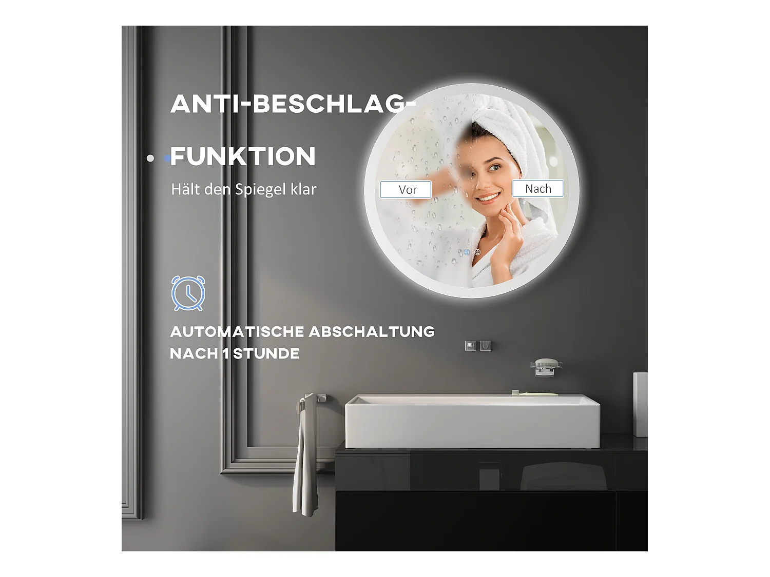 Miroir de salle de bain lumineux avec fonction anti-buée, 3 couleurs d'éclairage, IP44, verre et métal, blanc (Ø70x3 cm)