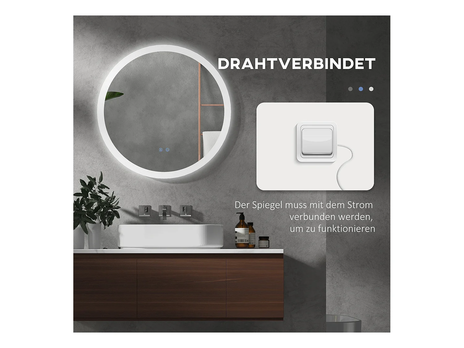 Miroir de salle de bain lumineux avec fonction anti-buée, 3 couleurs d'éclairage, IP44, verre et métal, blanc (Ø70x3 cm)