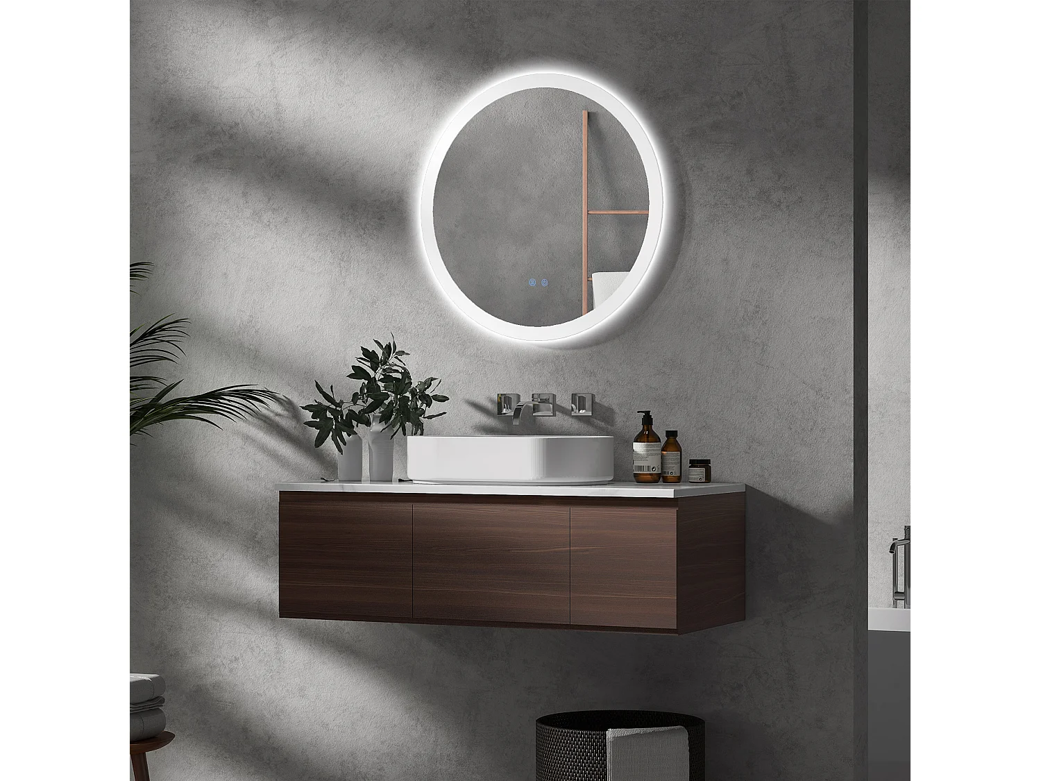 Miroir de salle de bain lumineux avec fonction anti-buée, 3 couleurs d'éclairage, IP44, verre et métal, blanc (Ø70x3 cm)