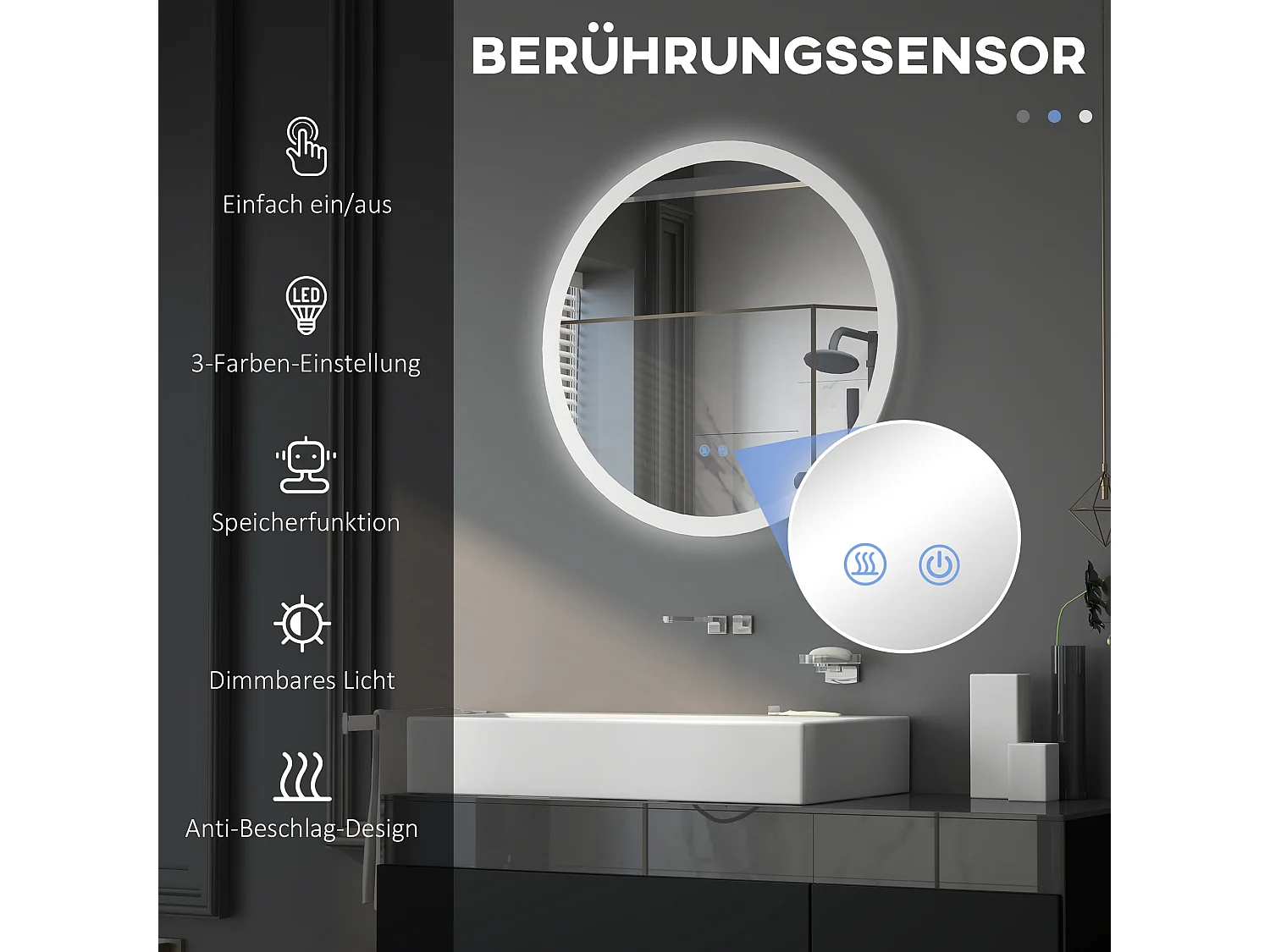 Miroir de salle de bain lumineux avec fonction anti-buée, 3 couleurs d'éclairage, IP44, verre et métal, blanc (Ø70x3 cm)