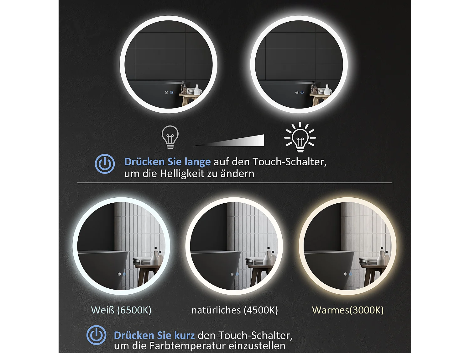 Miroir de salle de bain lumineux avec fonction anti-buée, 3 couleurs d'éclairage, IP44, verre et métal, blanc (Ø70x3 cm)