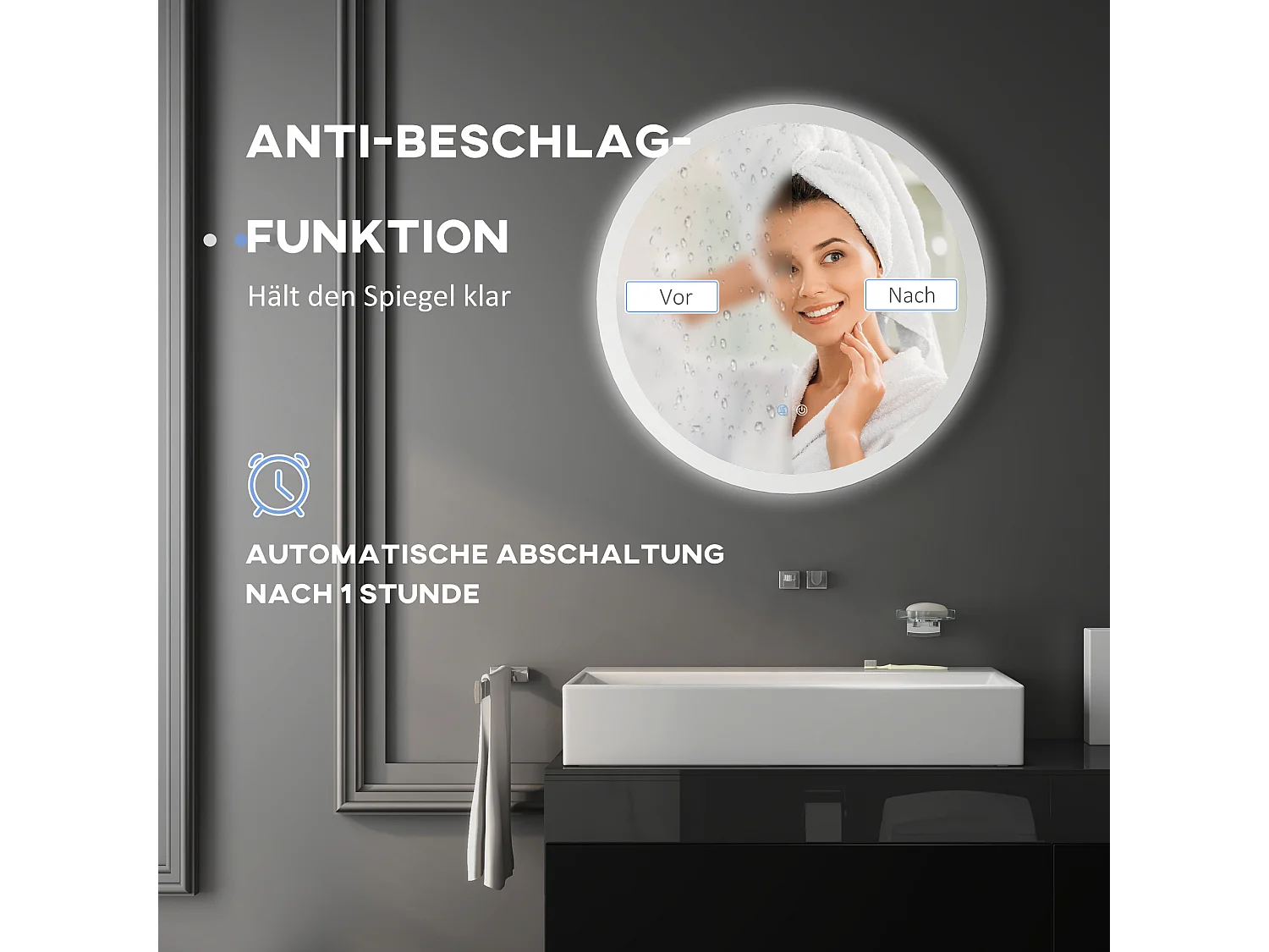 Miroir de salle de bain lumineux avec fonction anti-buée, 3 couleurs d'éclairage, IP44, verre et métal, blanc (Ø70x3 cm)