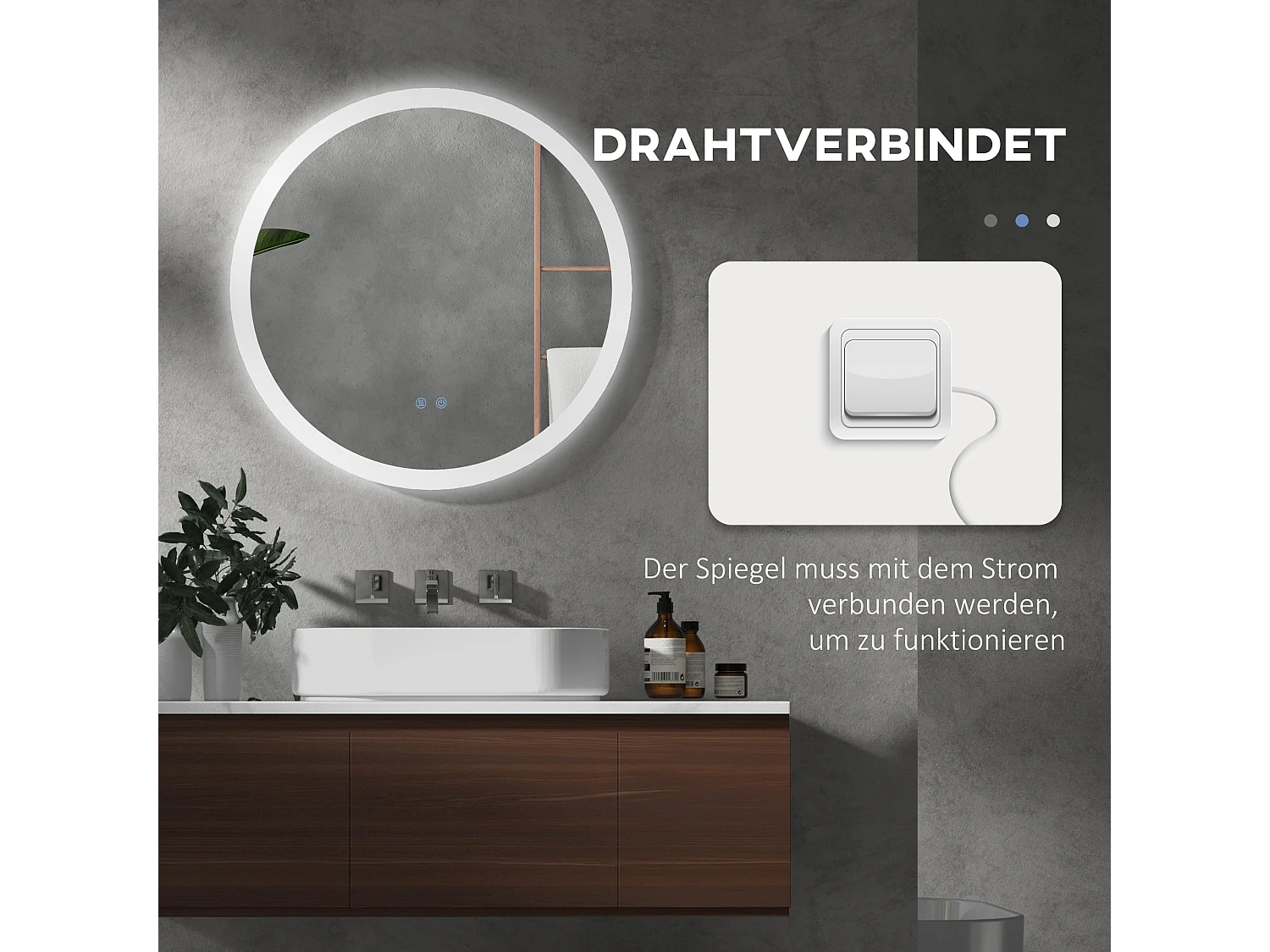 Miroir de salle de bain lumineux avec fonction anti-buée, 3 couleurs d'éclairage, IP44, verre et métal, blanc (Ø70x3 cm)