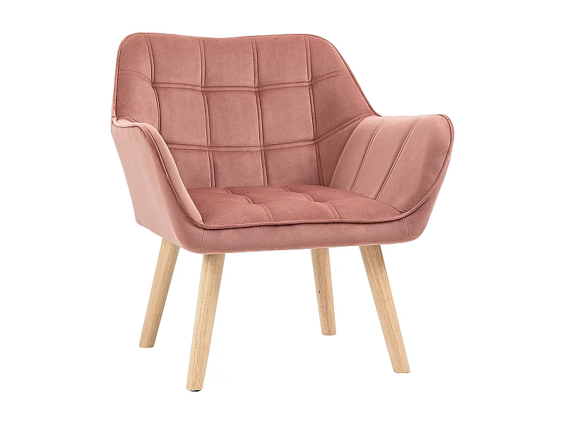 Scandinavische fluwelen fauteuil met houten poten, roze, polyesterstof (67x61,5x71 cm)
