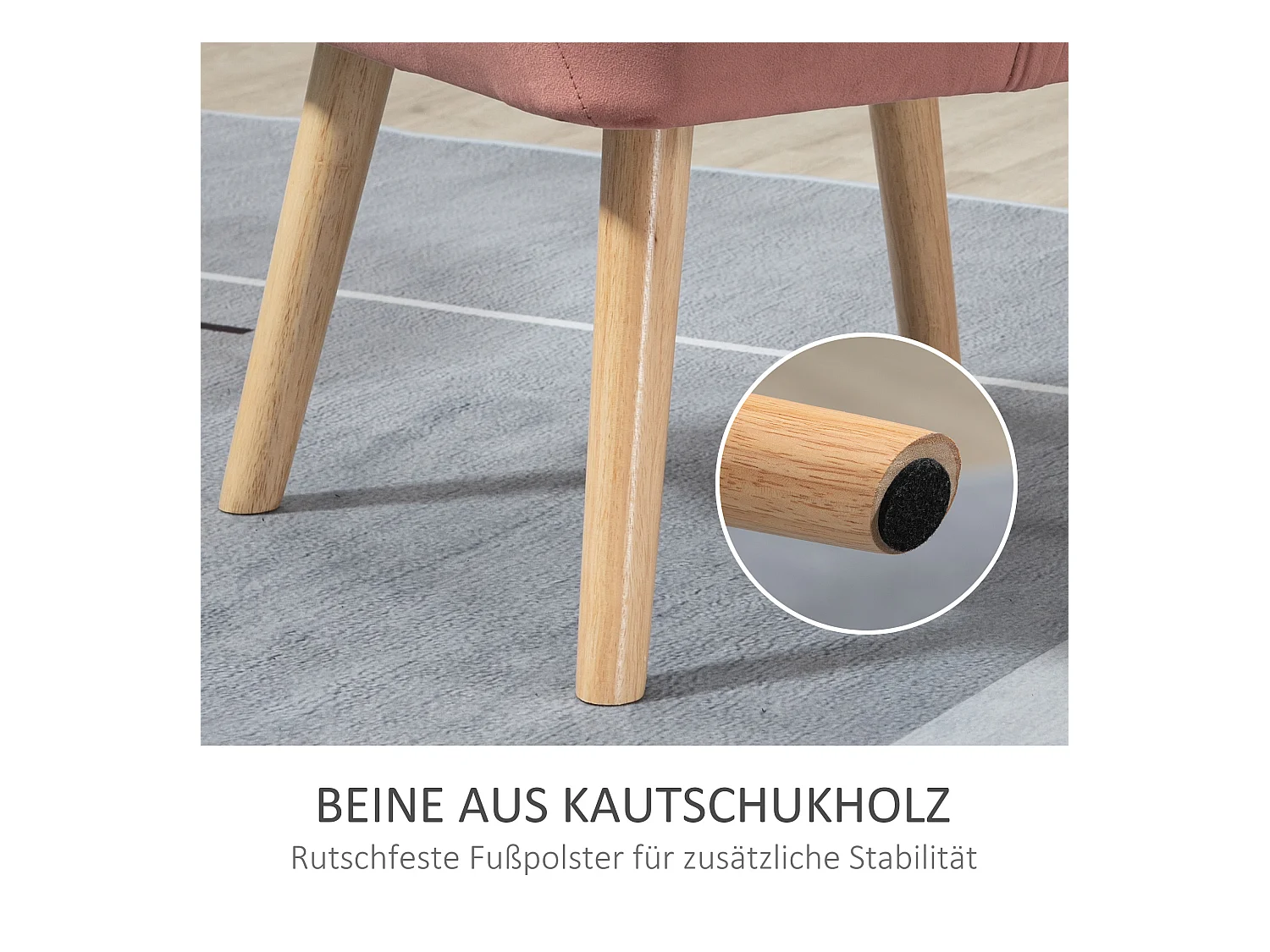 Fauteuil scandinave en velours, pieds en bois, rose, tissu polyester (67x61.5x71 cm)