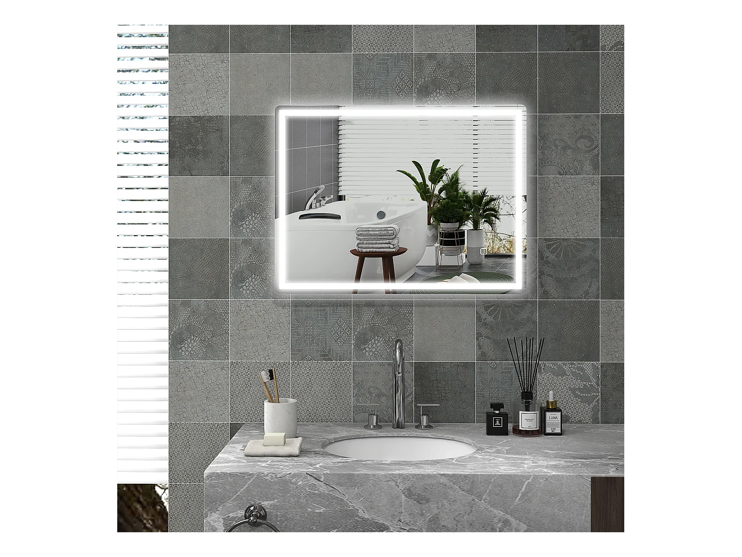 Miroir LED dimmable avec fonction antibuée, en verre, argent (80x60x4 cm)