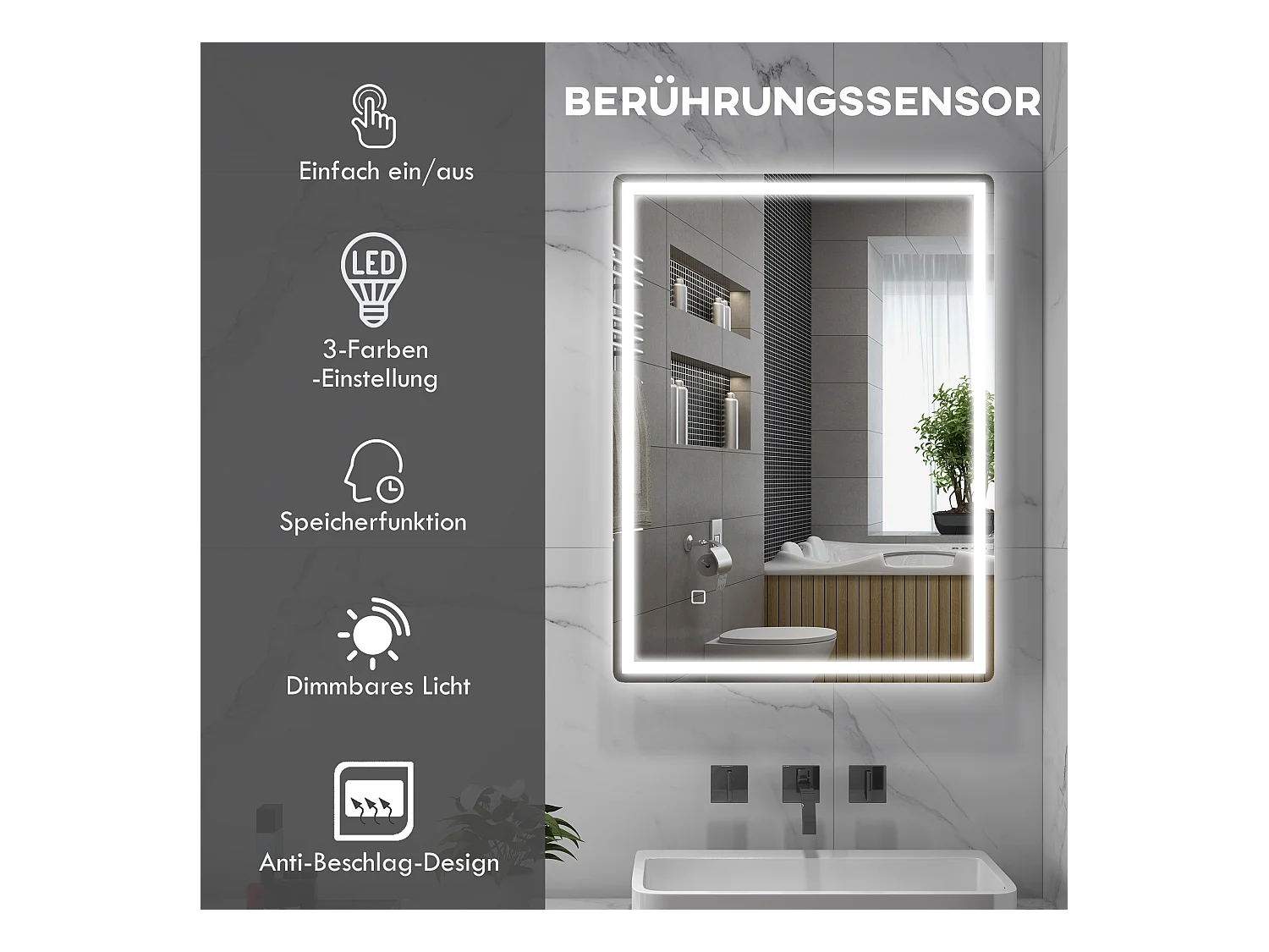 Miroir LED dimmable avec fonction antibuée, en verre, argent (80x60x4 cm)