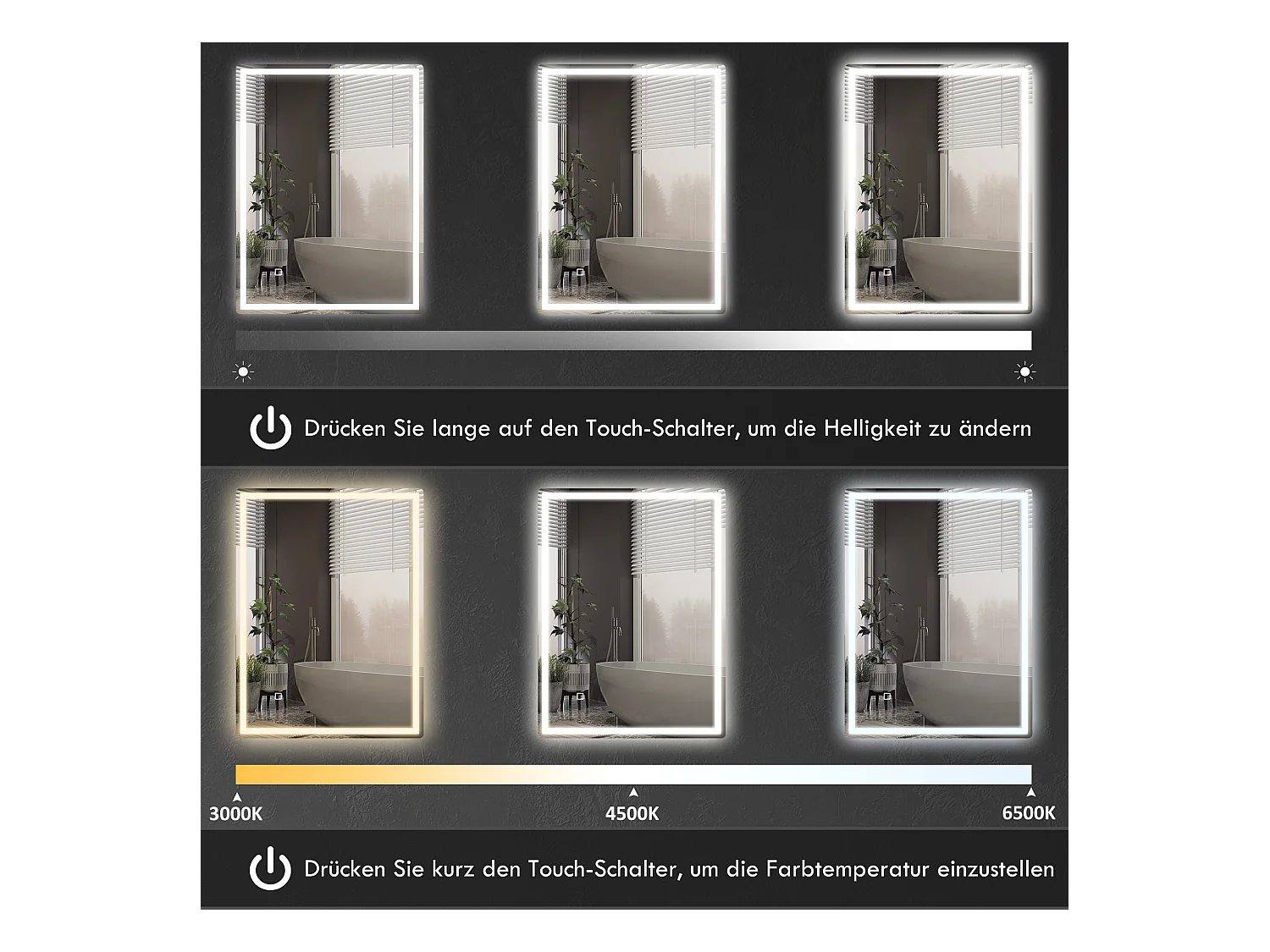 Miroir LED dimmable avec fonction antibuée, en verre, argent (80x60x4 cm)