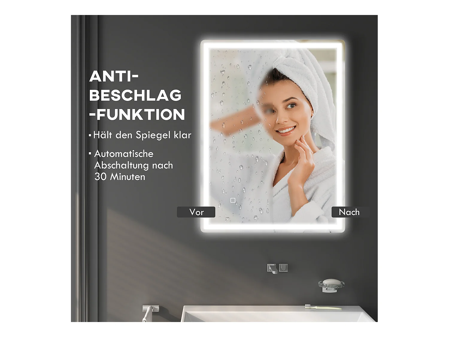 Miroir LED dimmable avec fonction antibuée, en verre, argent (80x60x4 cm)