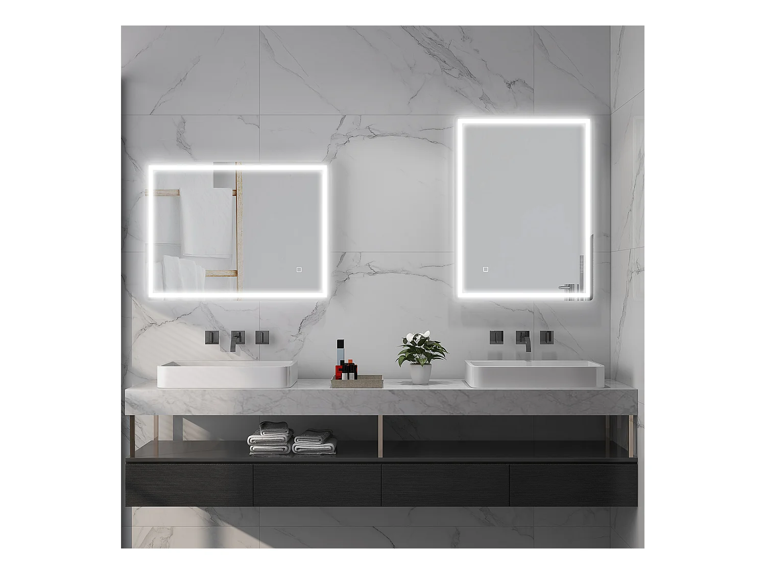 Miroir LED dimmable avec fonction antibuée, en verre, argent (80x60x4 cm)