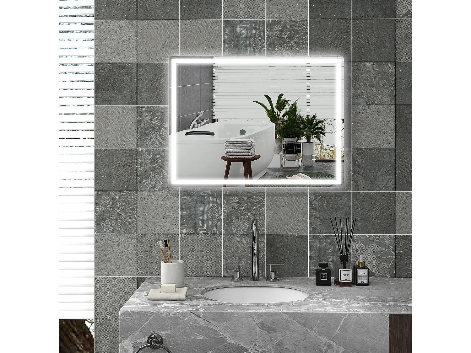 Miroir LED dimmable avec fonction antibuée, en verre, argent (80x60x4 cm)