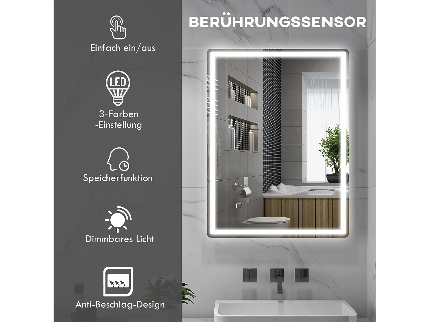 Miroir LED dimmable avec fonction antibuée, en verre, argent (80x60x4 cm)