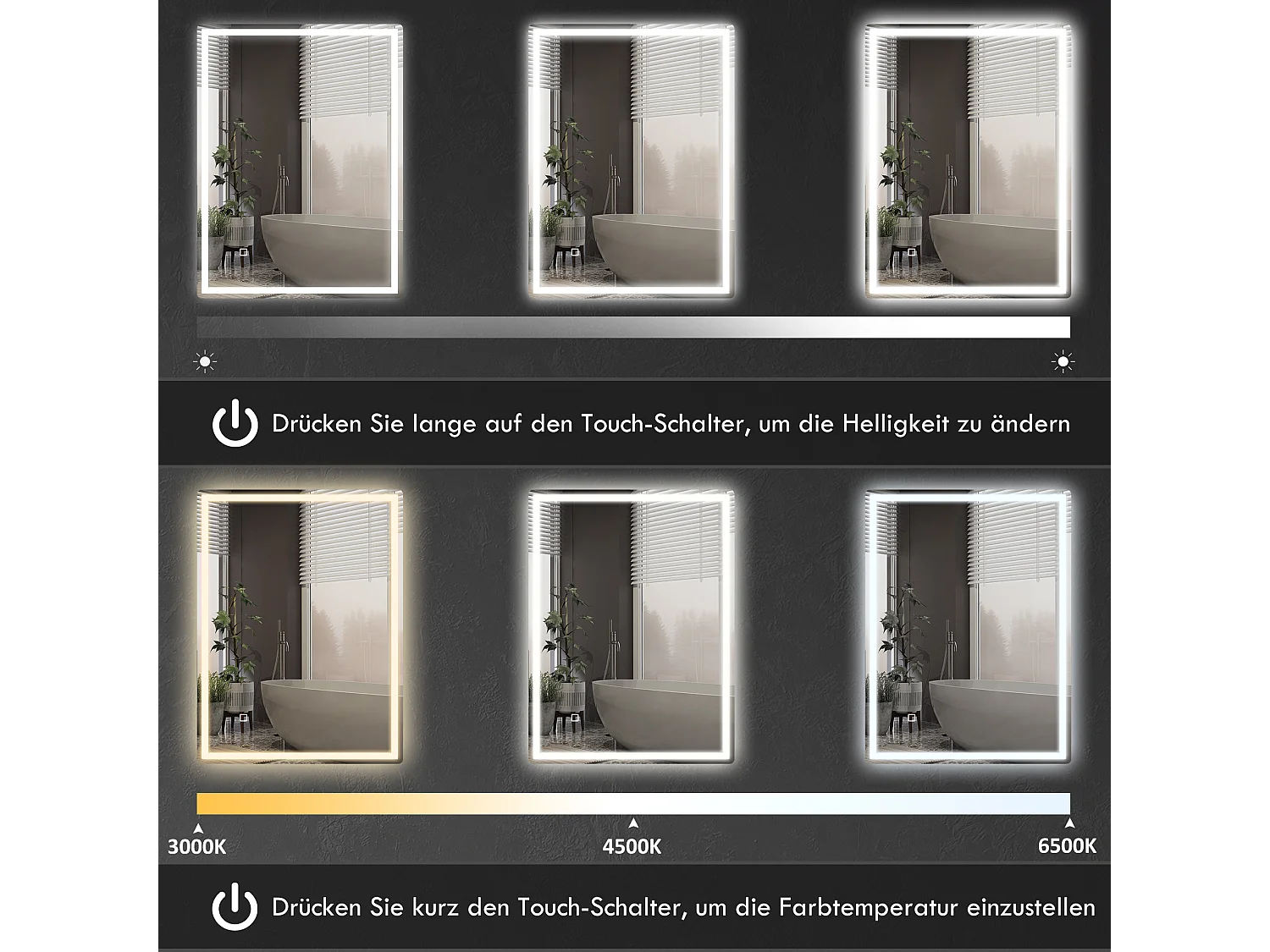 Miroir LED dimmable avec fonction antibuée, en verre, argent (80x60x4 cm)