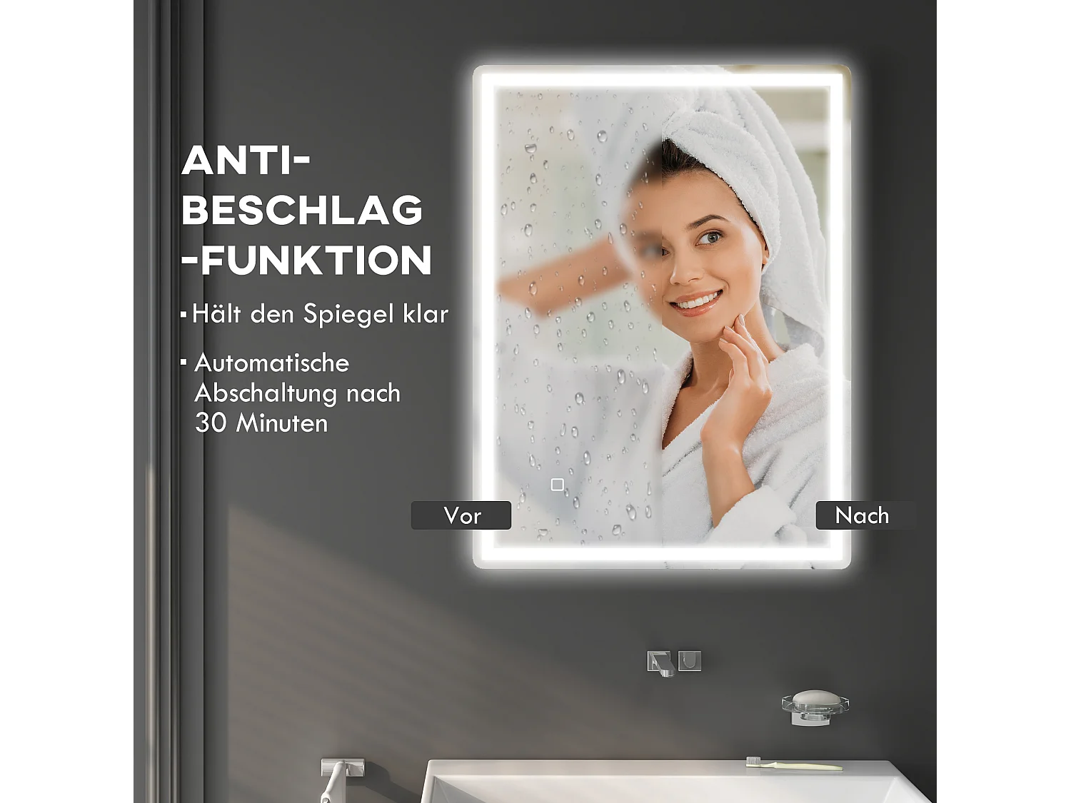 Miroir LED dimmable avec fonction antibuée, en verre, argent (80x60x4 cm)