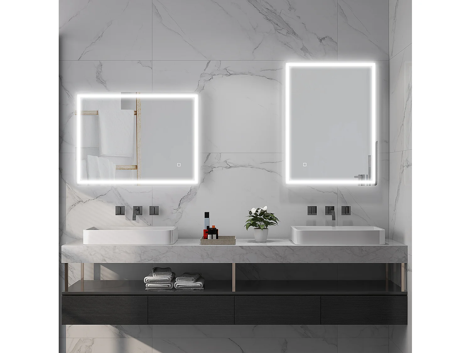 Miroir LED dimmable avec fonction antibuée, en verre, argent (80x60x4 cm)