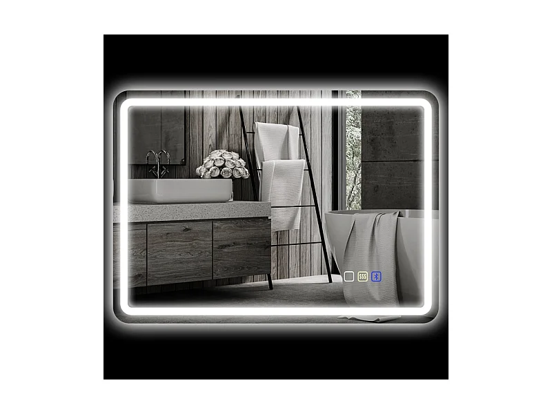 Miroir de salle de bain LED avec Bluetooth, 3 couleurs de lumière, fonction mémoire, argent (70x50x3.5 cm)