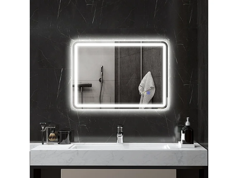 Miroir de salle de bain LED avec Bluetooth, 3 couleurs de lumière, fonction mémoire, argent (70x50x3.5 cm)