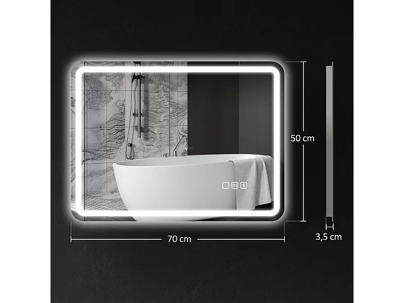 Miroir de salle de bain LED avec Bluetooth, 3 couleurs de lumière, fonction mémoire, argent (70x50x3.5 cm)