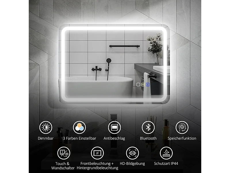 Miroir de salle de bain LED avec Bluetooth, 3 couleurs de lumière, fonction mémoire, argent (70x50x3.5 cm)