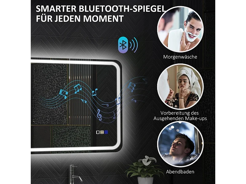 Miroir de salle de bain LED avec Bluetooth, 3 couleurs de lumière, fonction mémoire, argent (70x50x3.5 cm)