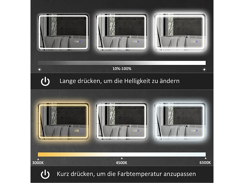 Miroir de salle de bain LED avec Bluetooth, 3 couleurs de lumière, fonction mémoire, argent (70x50x3.5 cm)