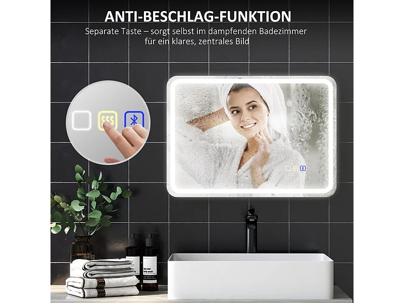 Miroir de salle de bain LED avec Bluetooth, 3 couleurs de lumière, fonction mémoire, argent (70x50x3.5 cm)