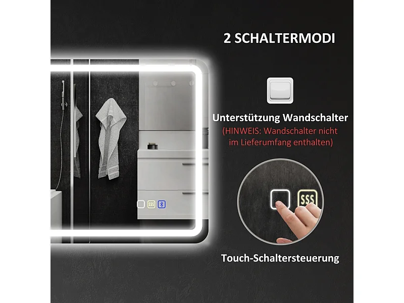 Miroir de salle de bain LED avec Bluetooth, 3 couleurs de lumière, fonction mémoire, argent (70x50x3.5 cm)