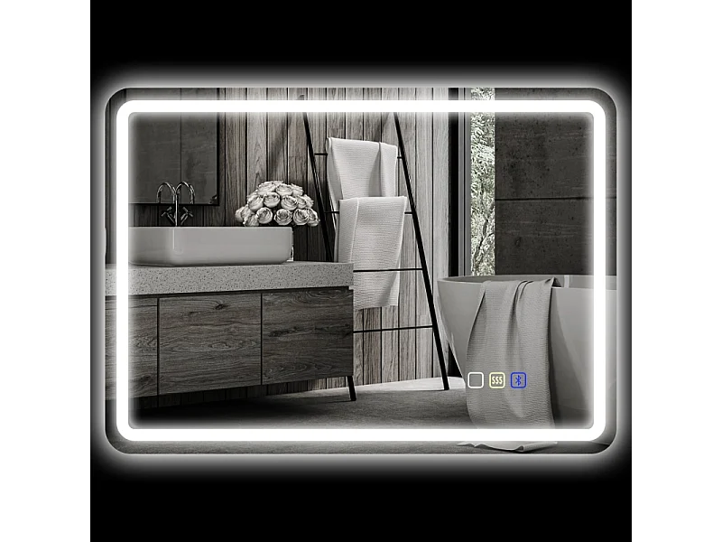 Miroir de salle de bain LED avec Bluetooth, 3 couleurs de lumière, fonction mémoire, argent (70x50x3.5 cm)