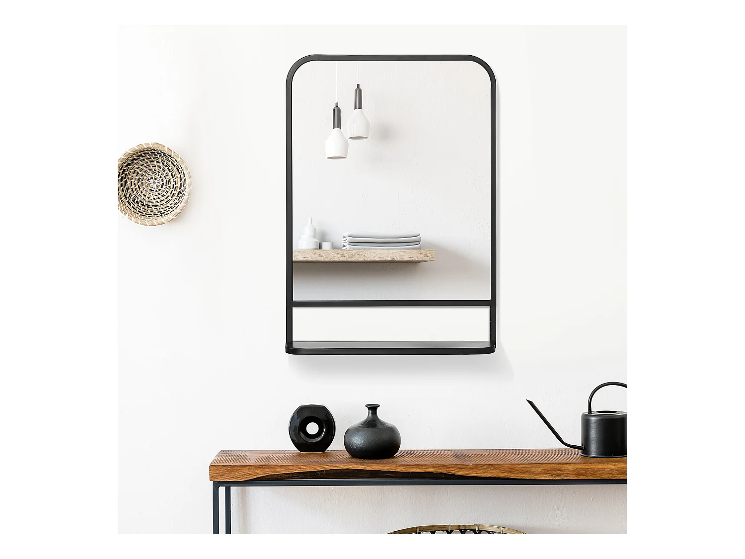 Miroir mural avec étagère, cadre rectangulaire moderne, métal, noir (70x10.2x50 cm)
