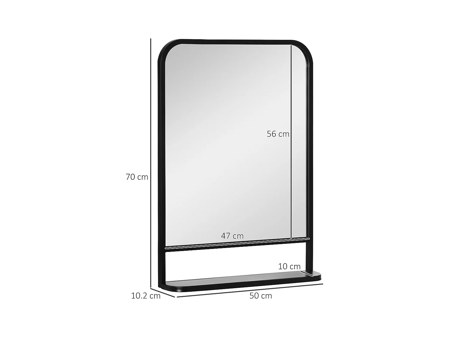 Miroir mural avec étagère, cadre rectangulaire moderne, métal, noir (70x10.2x50 cm)