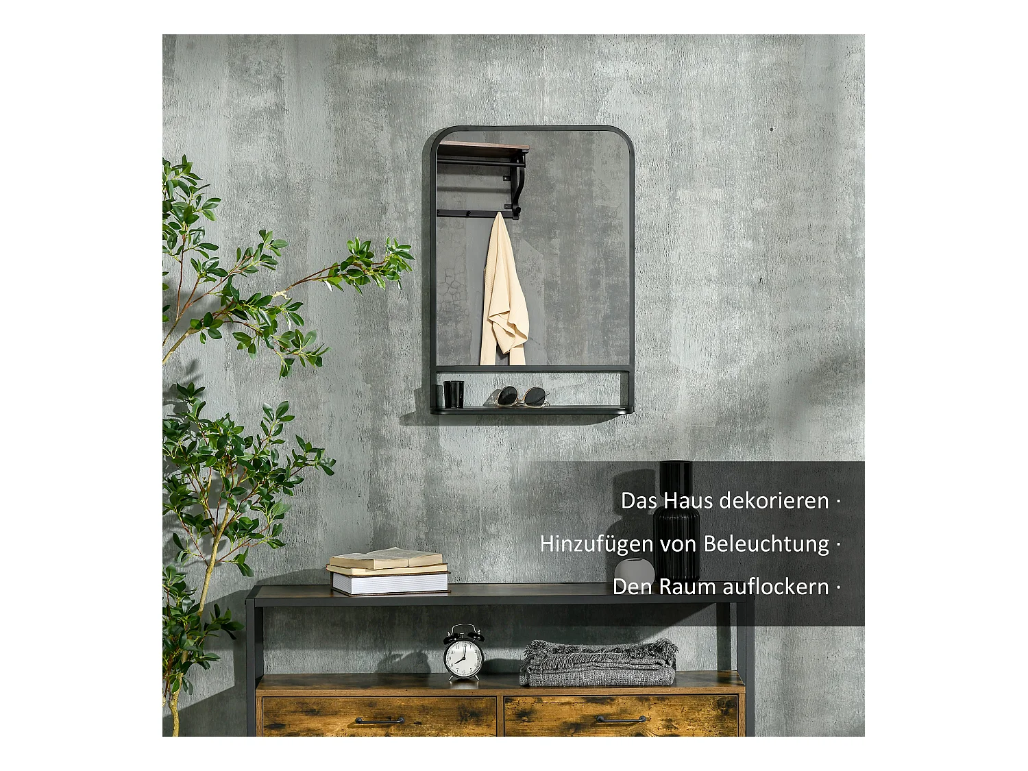 Miroir mural avec étagère, cadre rectangulaire moderne, métal, noir (70x10.2x50 cm)