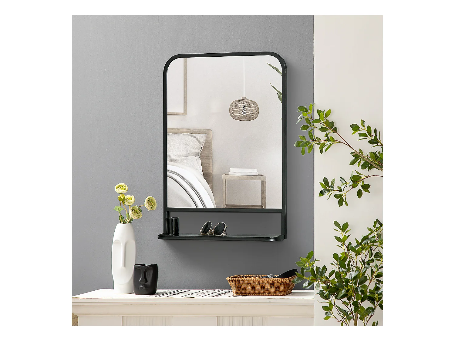 Miroir mural avec étagère, cadre rectangulaire moderne, métal, noir (70x10.2x50 cm)