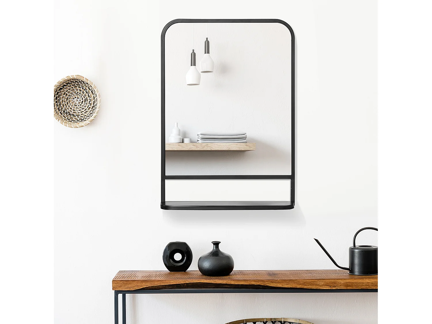 Miroir mural avec étagère, cadre rectangulaire moderne, métal, noir (70x10.2x50 cm)