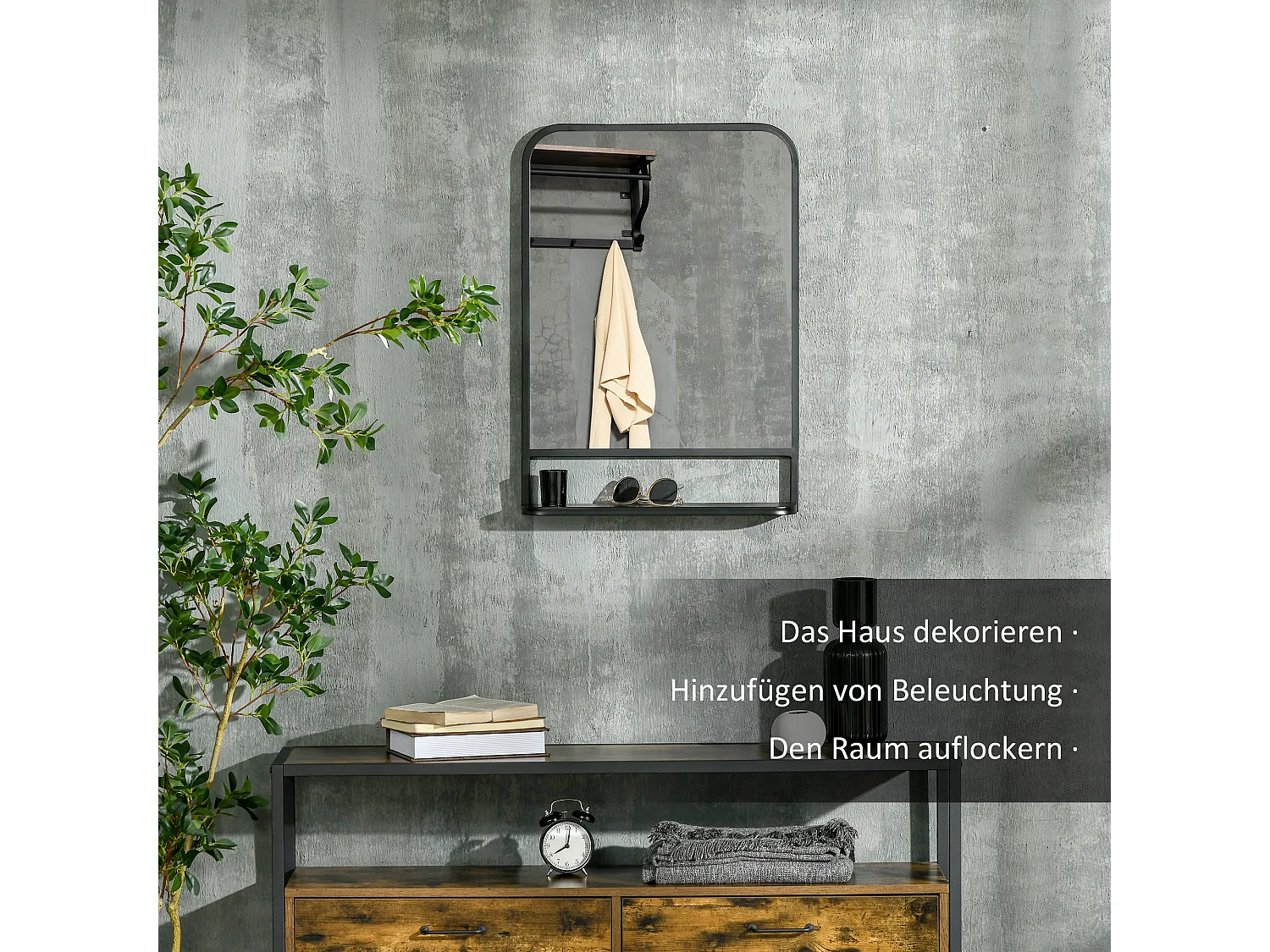 Miroir mural avec étagère, cadre rectangulaire moderne, métal, noir (70x10.2x50 cm)