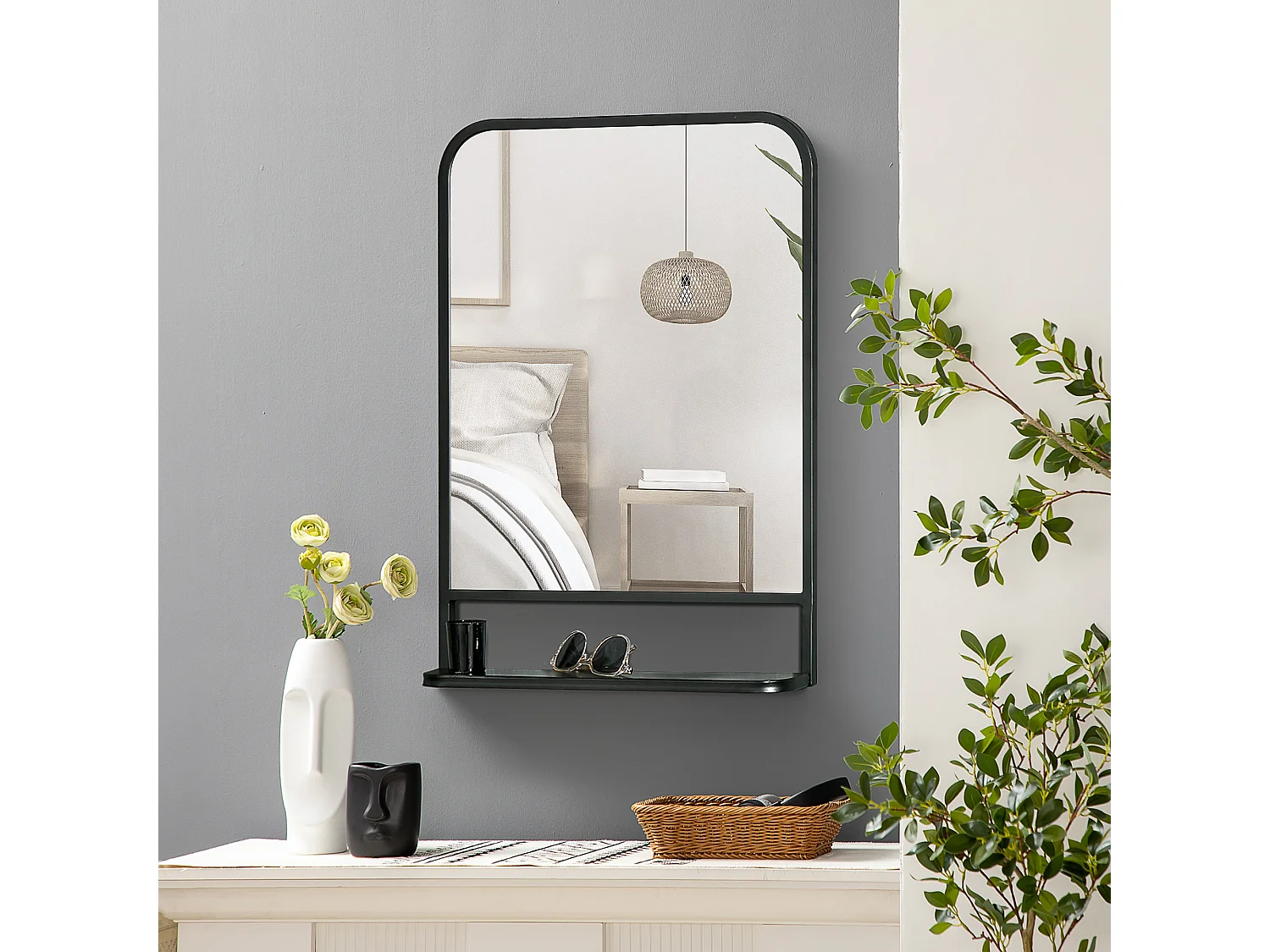 Miroir mural avec étagère, cadre rectangulaire moderne, métal, noir (70x10.2x50 cm)