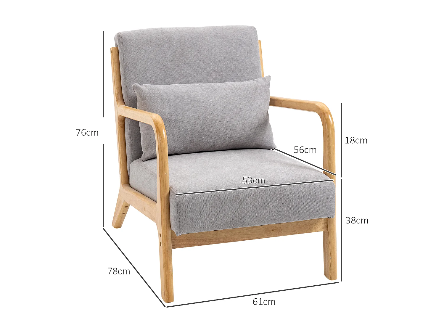 Fauteuil relax avec accoudoirs et coussin lombaire, tissu en velours, bois, gris, (78x61x76 cm)