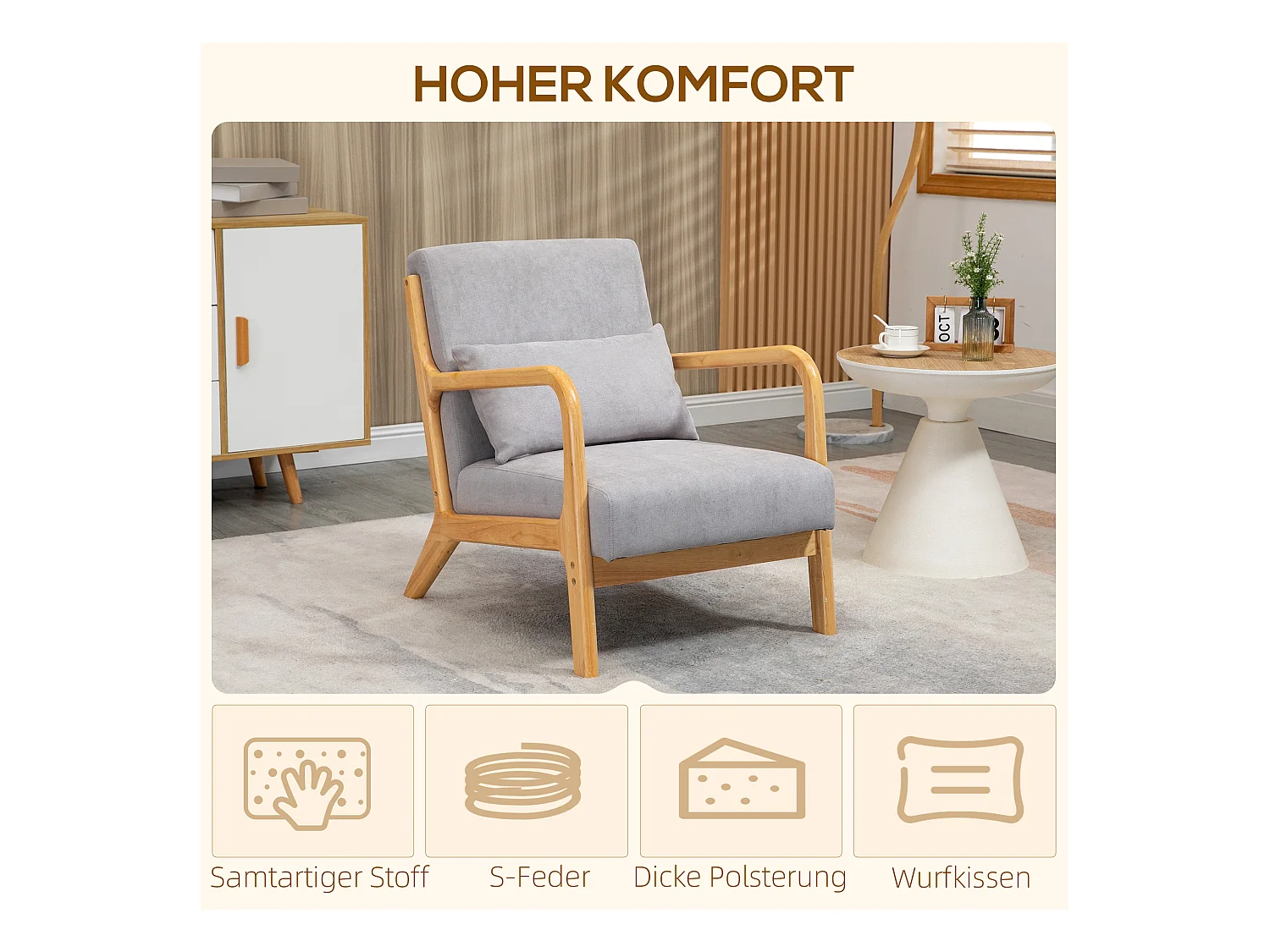 Fauteuil relax avec accoudoirs et coussin lombaire, tissu en velours, bois, gris, (78x61x76 cm)