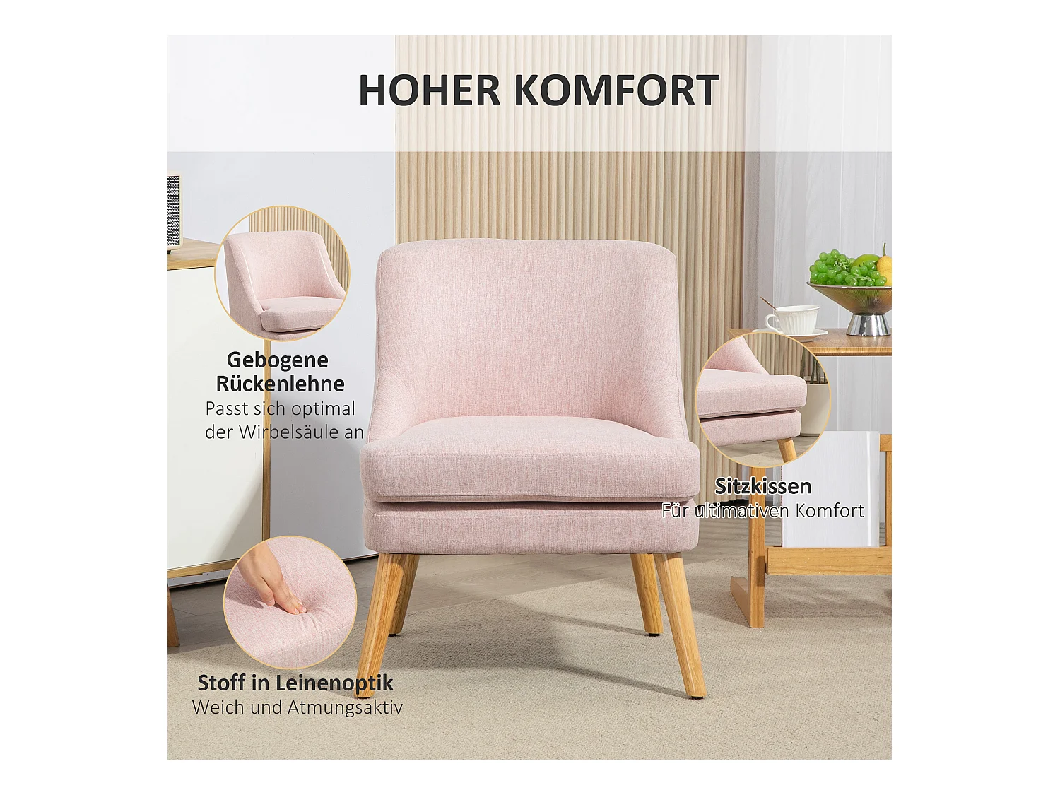 Sillón con brazos, tejido de lino, madera, rosa, (63x69x79,5 cm)