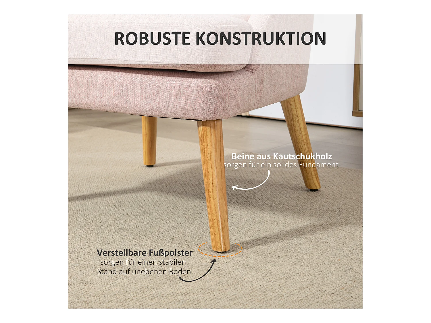 Sillón con brazos, tejido de lino, madera, rosa, (63x69x79,5 cm)