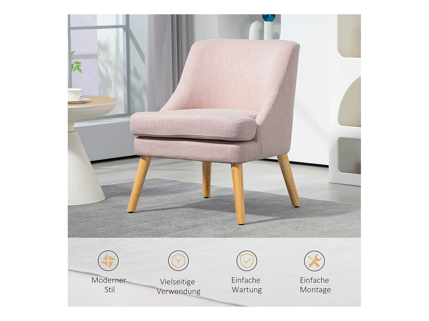 Sillón con brazos, tejido de lino, madera, rosa, (63x69x79,5 cm)