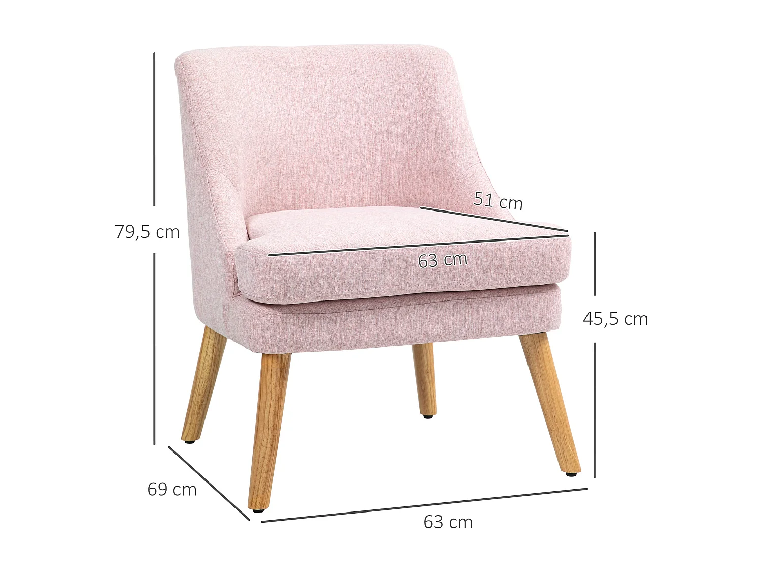 Poltrona con braccioli, tessuto di lino, legno, rosa, (63x69x79,5 cm)