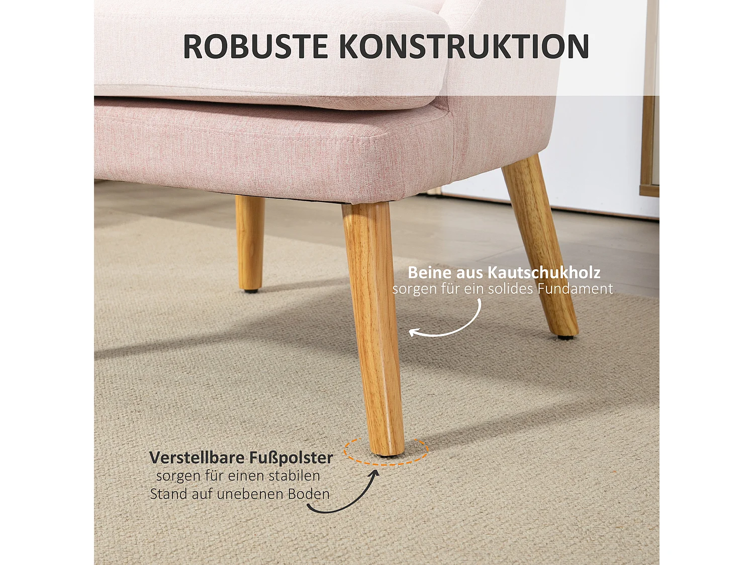 Poltrona con braccioli, tessuto di lino, legno, rosa, (63x69x79,5 cm)