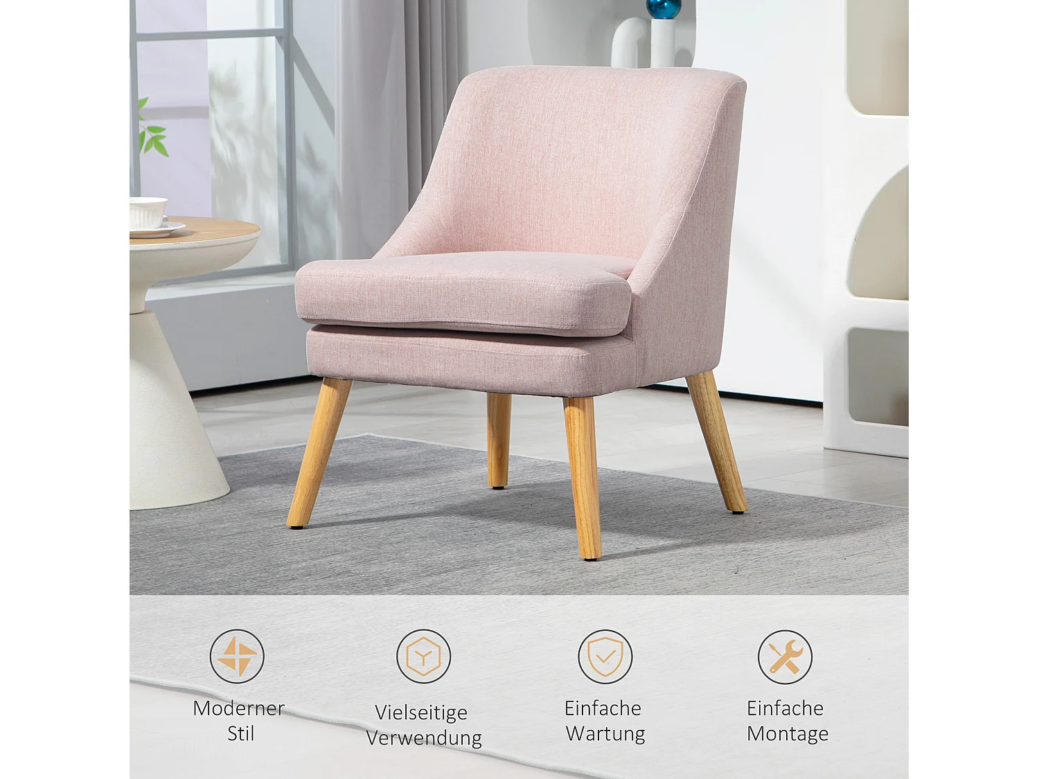 Poltrona con braccioli, tessuto di lino, legno, rosa, (63x69x79,5 cm)