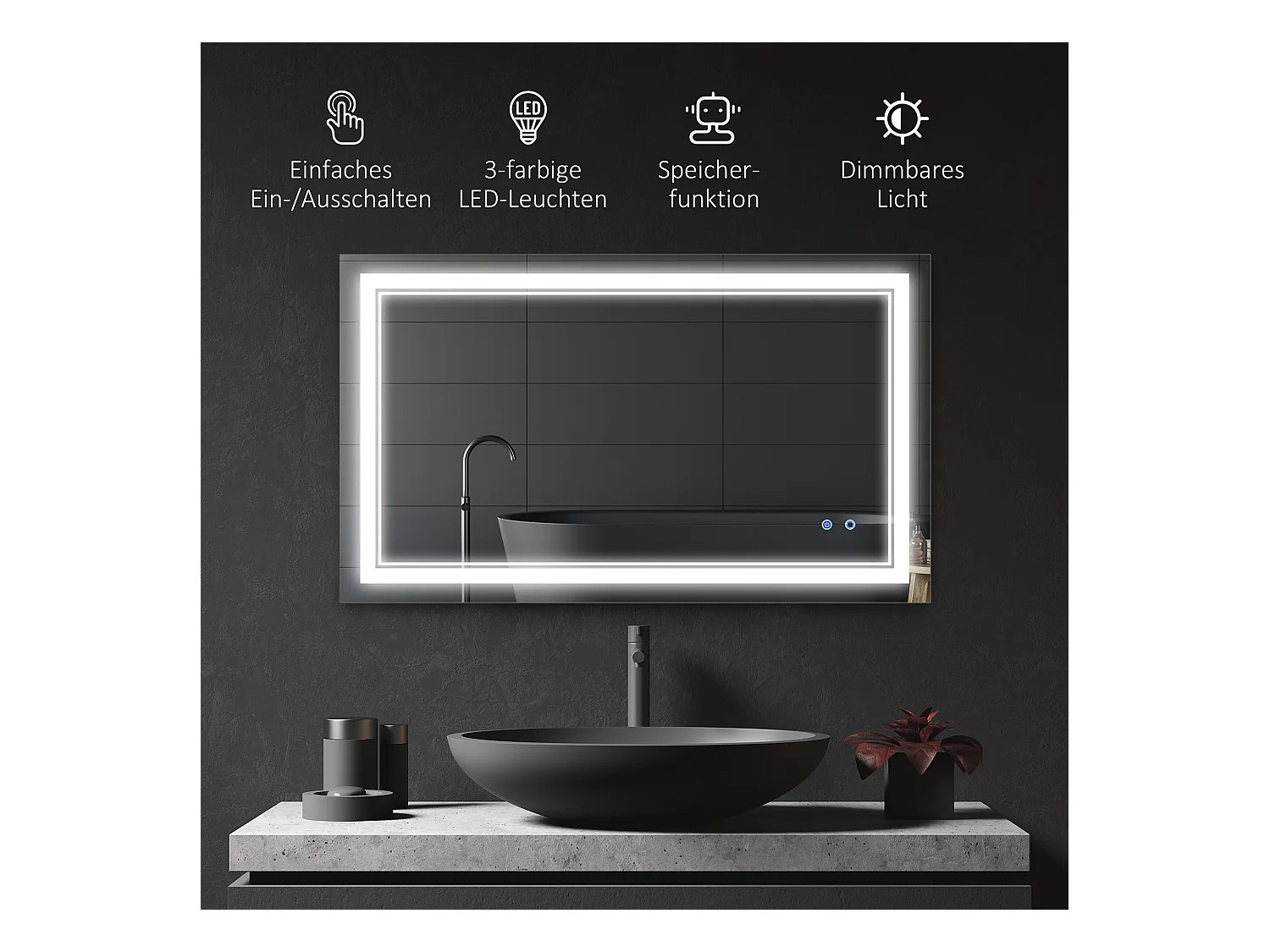 Specchio da bagno con illuminazione a LED, impermeabile IP44, 3 colori di luce, alluminio, argento (100x60x3,2 cm)