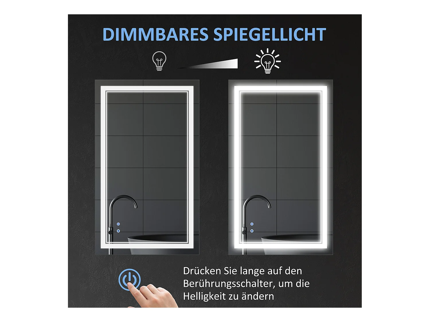 Specchio da bagno con illuminazione a LED, impermeabile IP44, 3 colori di luce, alluminio, argento (100x60x3,2 cm)